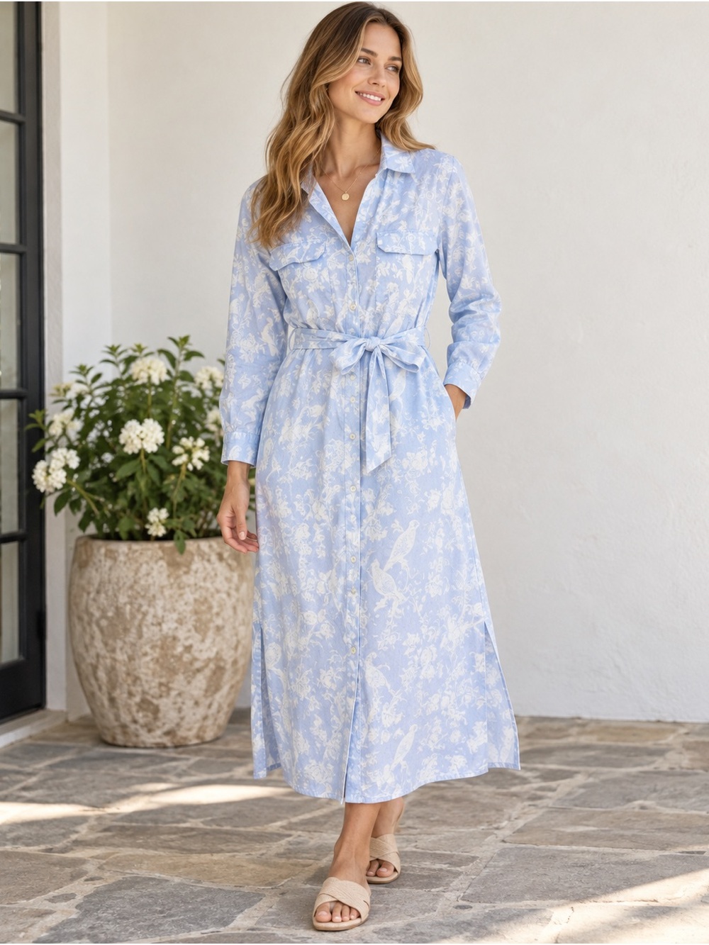 Roller Rabbit Blue White Toile Bird Floral Belted Shirt Dress Size S